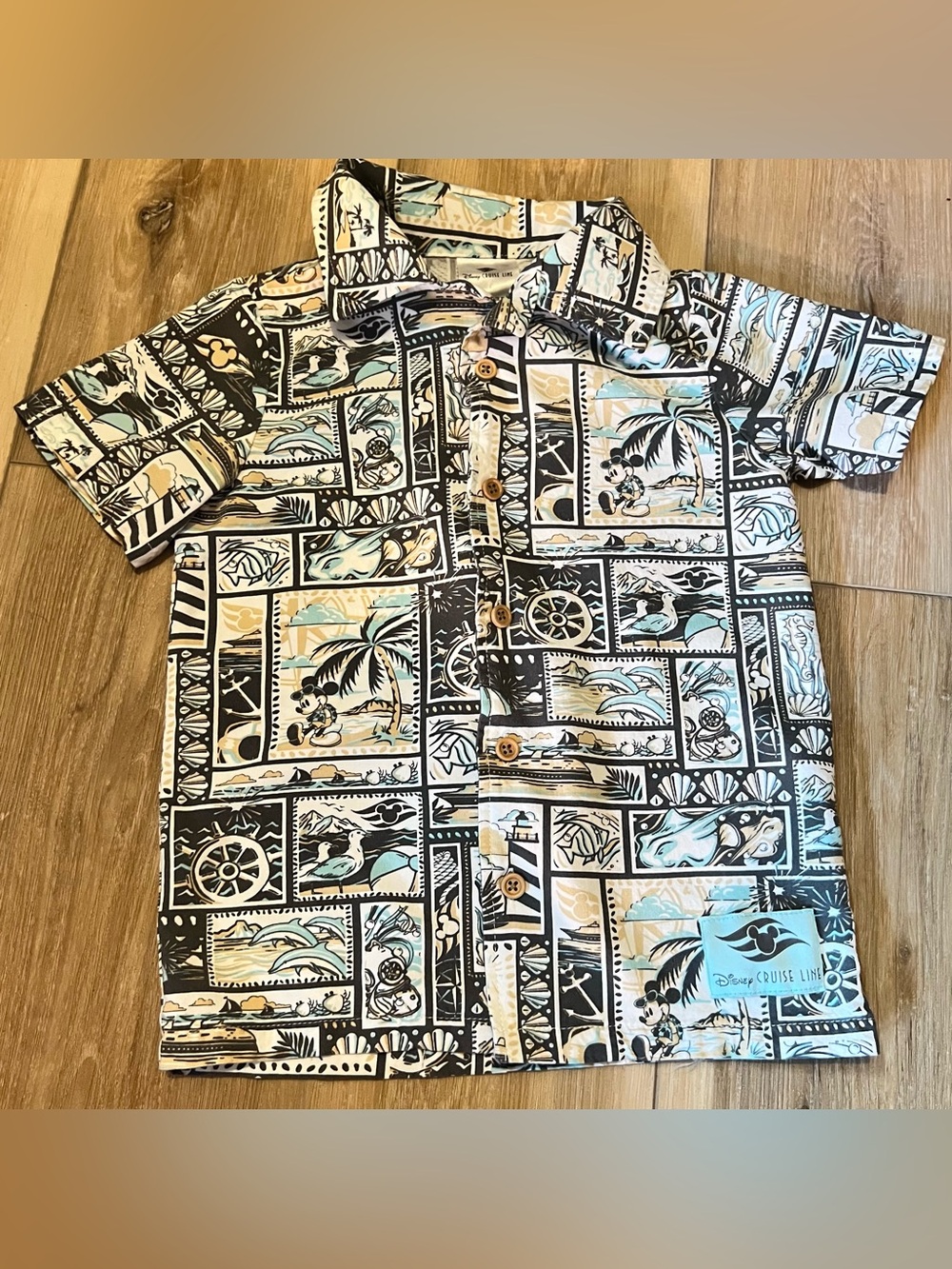 Disney Cruise Line Mickey Mouse Kids XS Button Down Shirt Aloha Camp Postcard